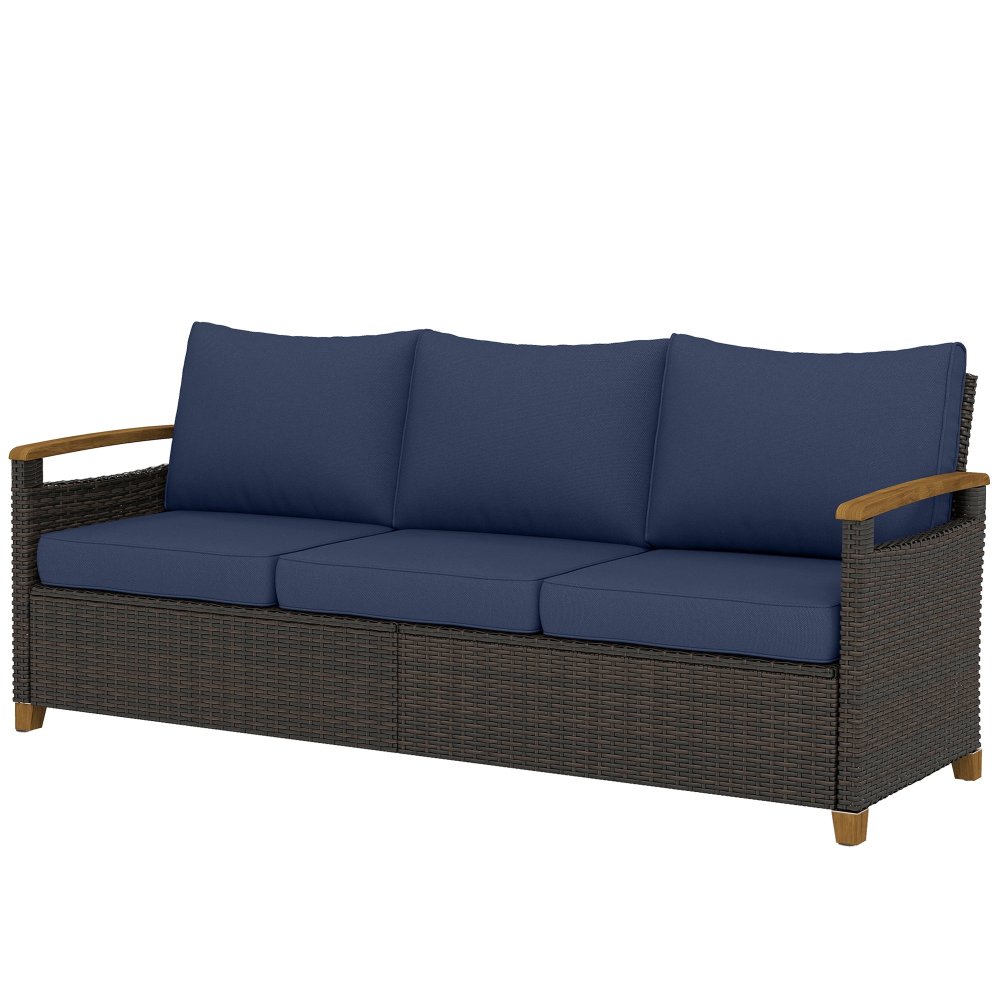 3 Seater Outdoor Couch Sofa, PE Wicker Patio Sofa, Wide Deep Seat, 4" Cushions, Wood-Effect Armrests Legs