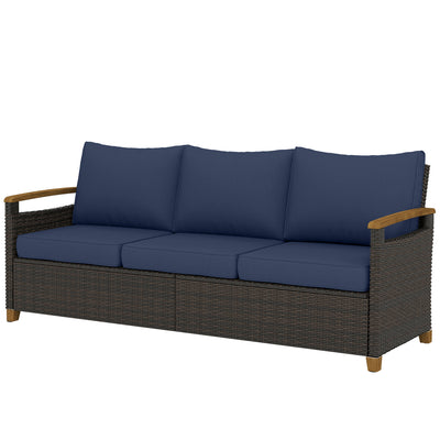 3 Seater Outdoor Couch Sofa, PE Wicker Patio Sofa, Wide Deep Seat, 4" Cushions, Wood-Effect Armrests Legs