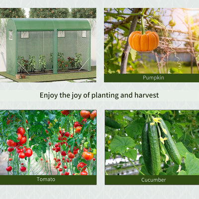 10' x 3' x 7' Walk-in Lean-to Greenhouse, Steel, 4 Zipper Roll-up Windows & 2 Doors, UV Protecting PE Cover for Growing Flowers, Vegetables, Tropical Plants, Saplings, Succulents, Green
