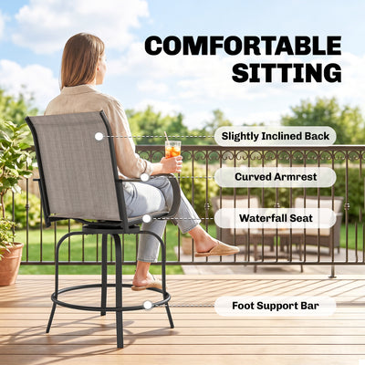 Outdoor Bar Stools Set of 2, 360° Swivel Bar Height Chairs, 26.75" x 29.5" x 48.5"