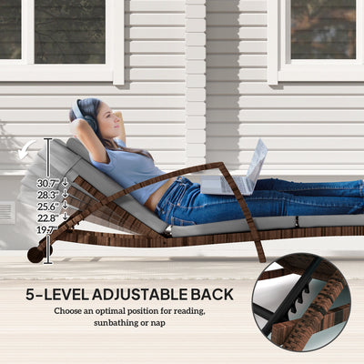 Set of 2 Wicker Chaise Lounge Chair Outdoor Patio Lounger with 5 Adjustable Back, Wheels, Cushion, and Armrests, Gray