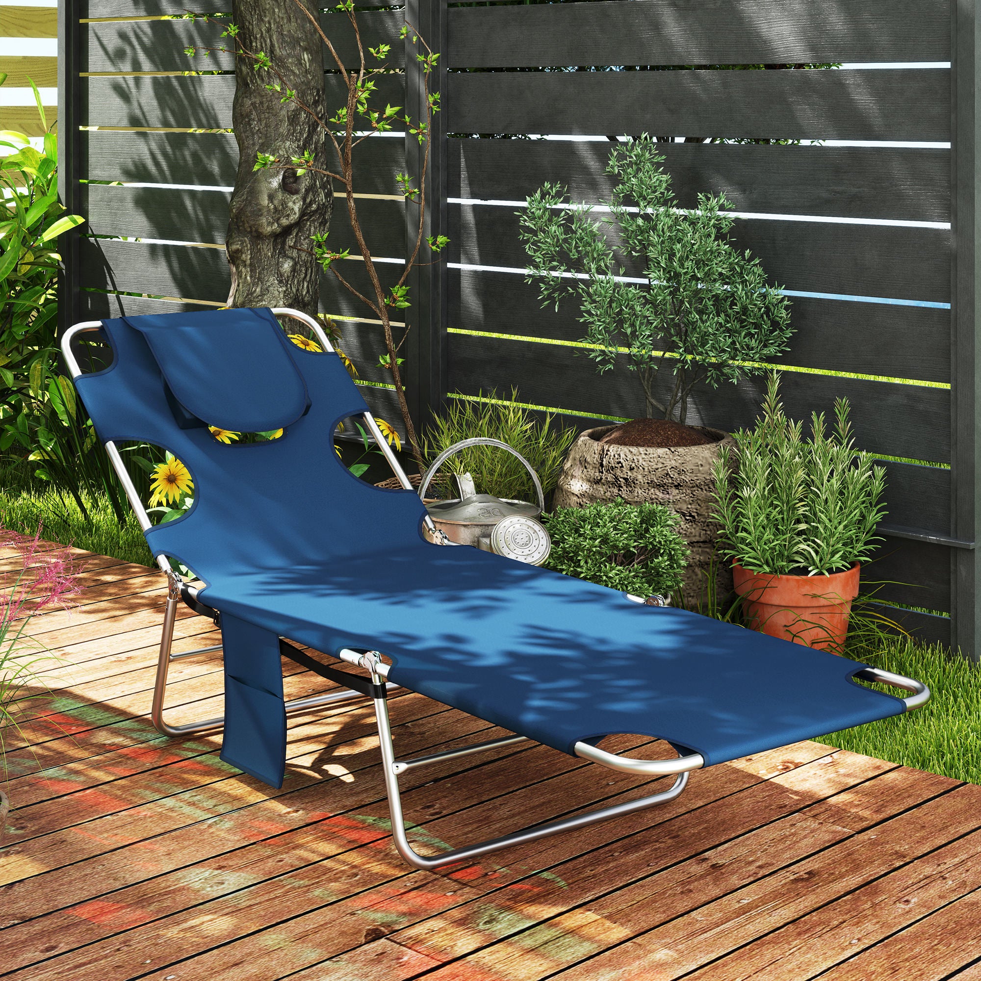 Tanning Chair with Face Hole, 5-Level Adjustable Outdoor Chaise Lounge Chair with Pillow for Beach, Pool