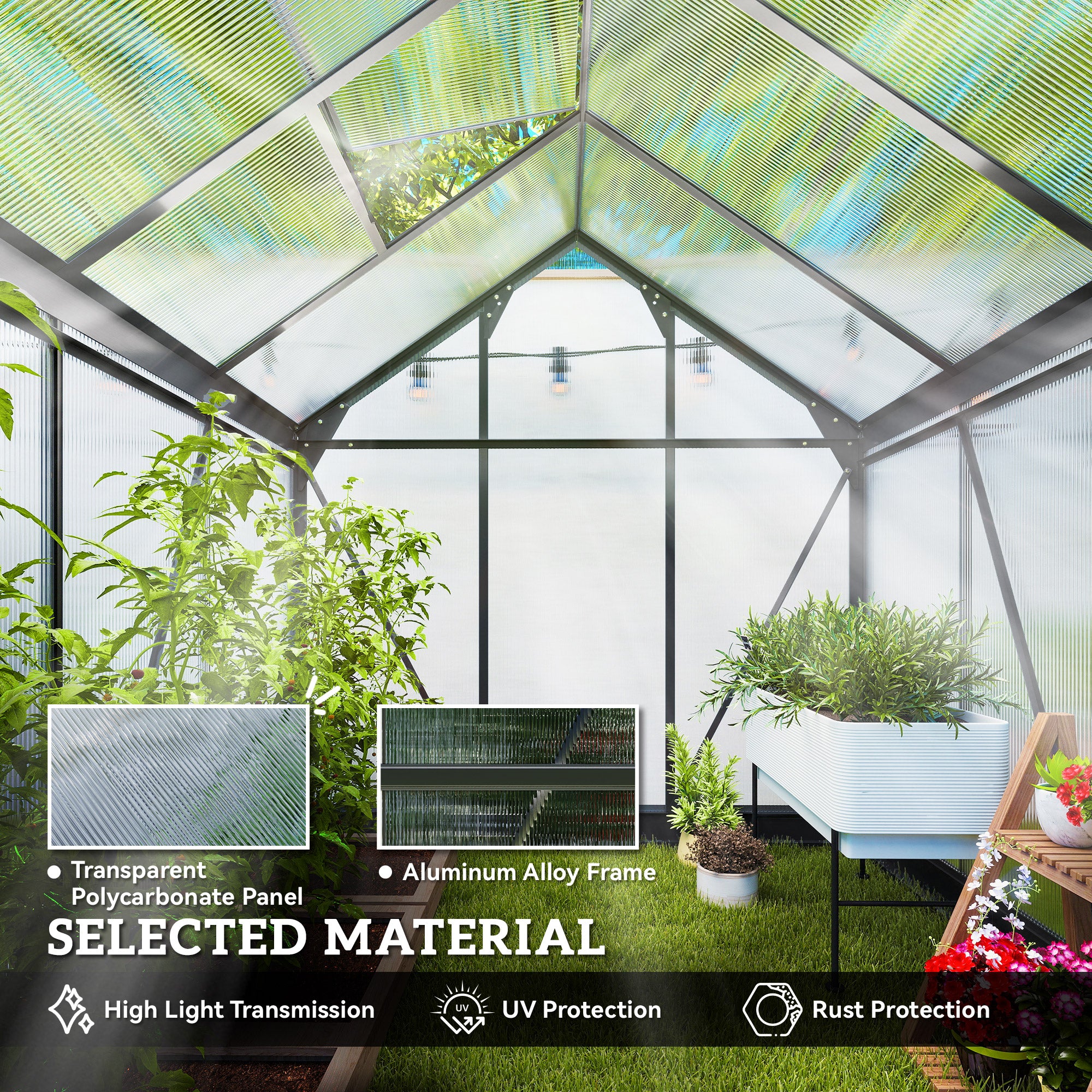 6' x 6' Greenhouse for Outdoors, Polycarbonate Greenhouse with Rain Gutter and Roof Vent, Aluminum Walk-in Green Houses for Outside for Patio Backyard Garden