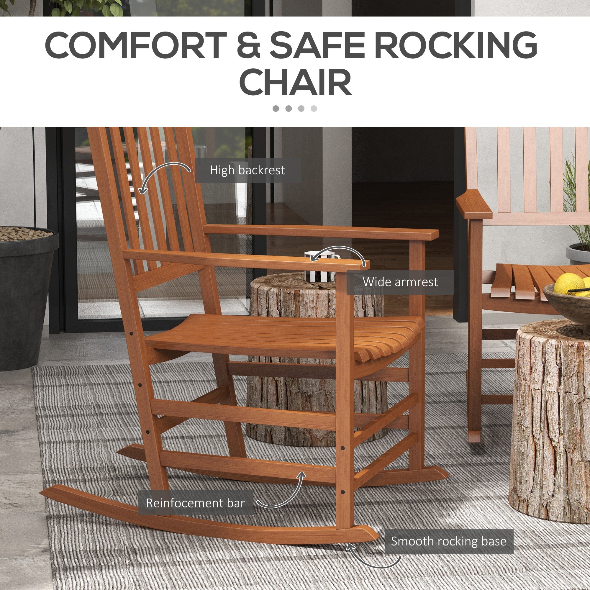 Outdoor Rocking Chair Set of 2, Patio Rocking Chair with Smooth Curves, High Density Wooden Rockers for Lawn Garden Porch, Supports Up to 350lbs