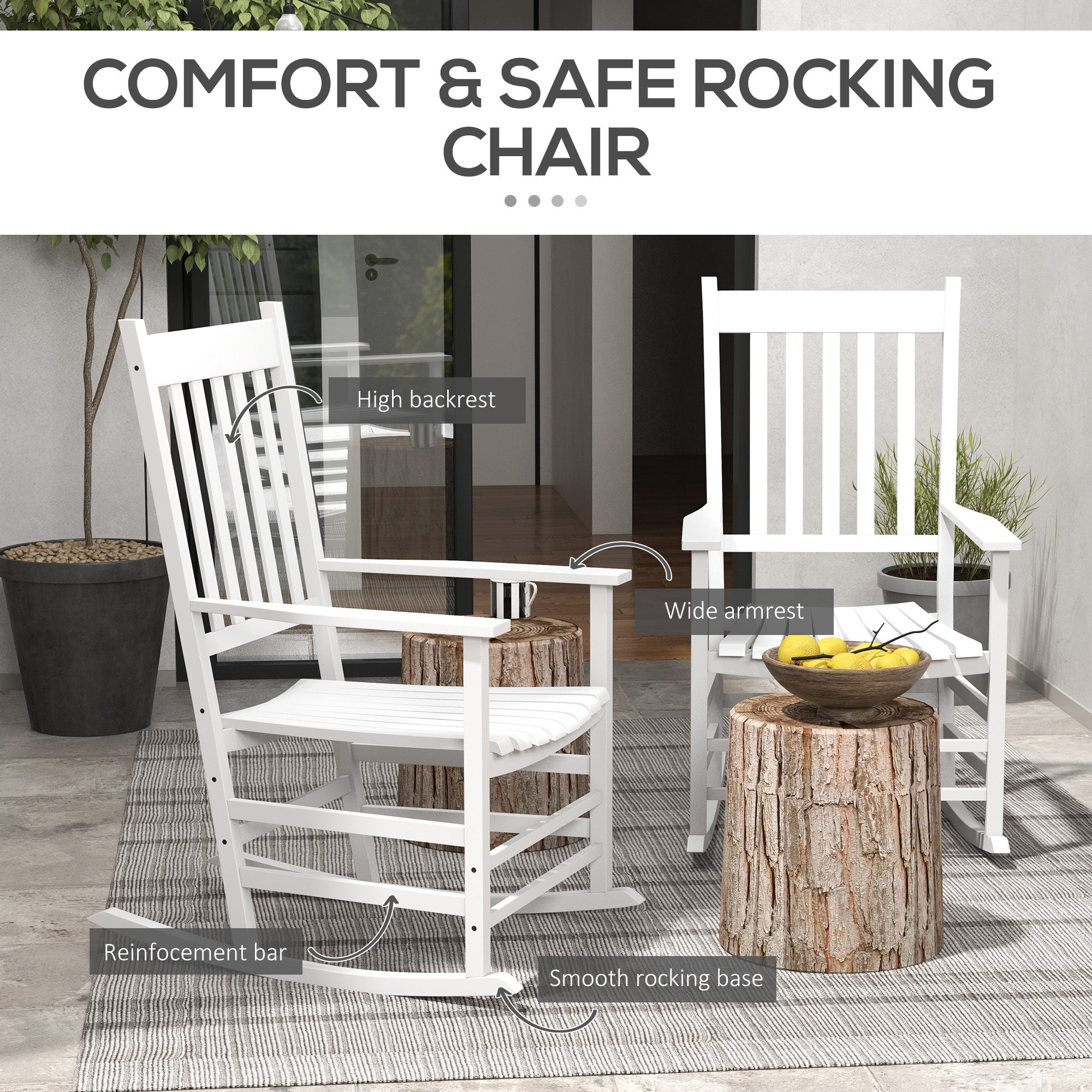 Outdoor Rocking Chair Set of 2, Patio Rocking Chair with Smooth Curves, High Density Wooden Rockers for Lawn Garden Porch, Supports Up to 350lbs
