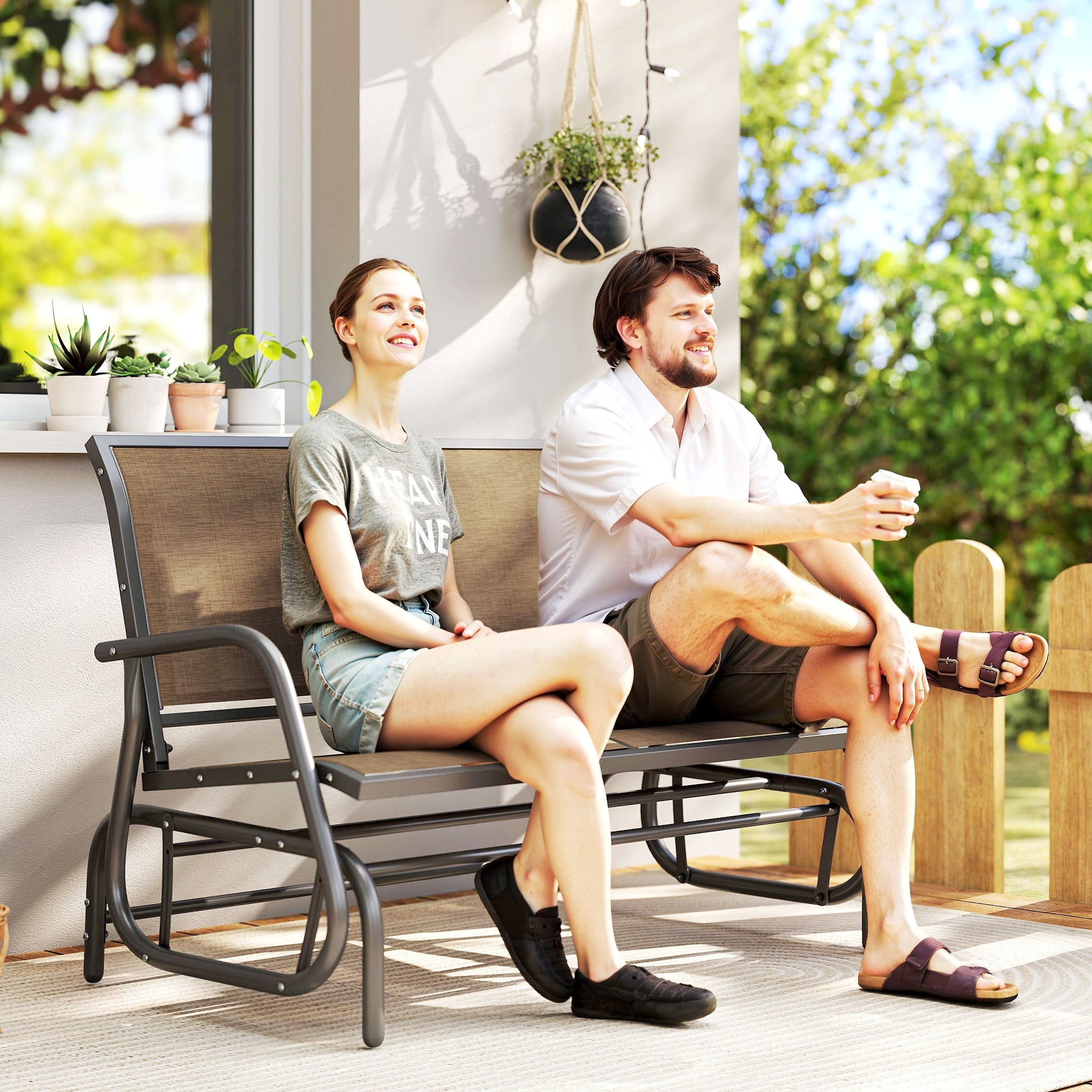 2-Person Outdoor Glider Bench, Patio Double Swing Rocking Chair Loveseat with  Steel Frame, Light Mixed Brown