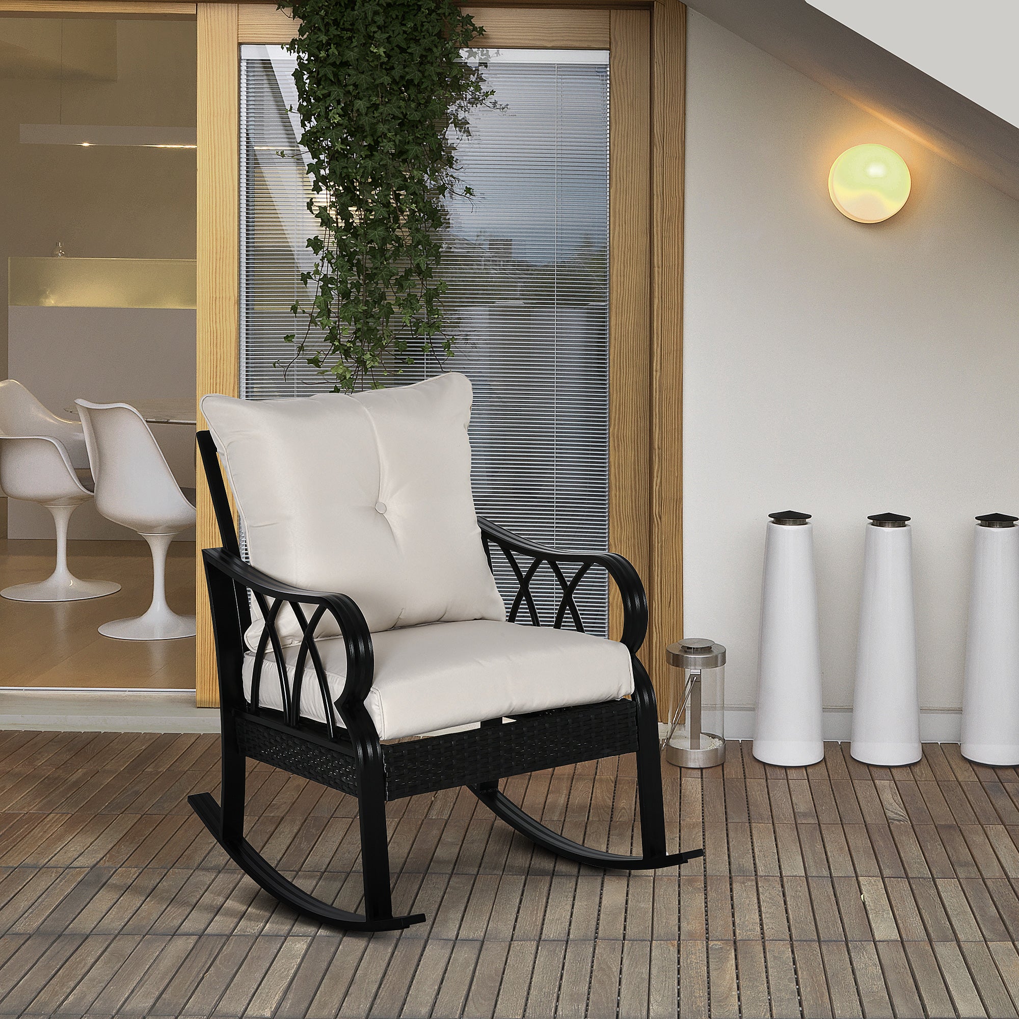 Outdoor Wicker Rocking Chair with Padded Cushions, Aluminum Furniture Rattan Porch Rocker Chair w/ Armrest for Garden, Patio, and Backyard