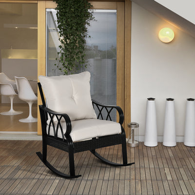 Outdoor Wicker Rocking Chair with Padded Cushions, Aluminum Furniture Rattan Porch Rocker Chair w/ Armrest for Garden, Patio, and Backyard