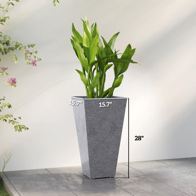 28" Tall Planters, Set of 3 Plastic Flower Pots with Marble Finish and Drainage Holes, Stackable Taper Planters