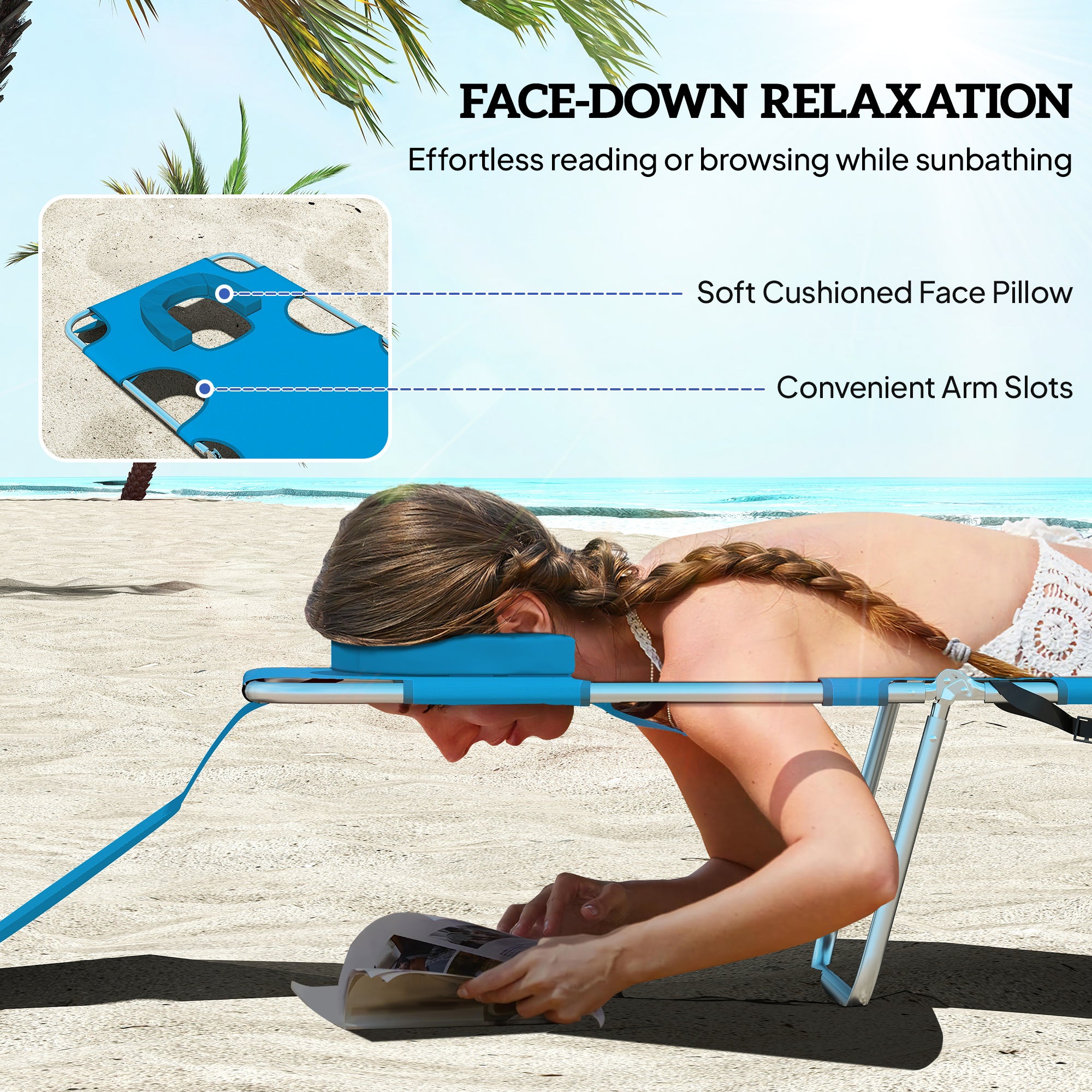 Tanning Chair with Face Hole, 5-Level Adjustable Outdoor Chaise Lounge Chair with Pillow for Beach, Pool