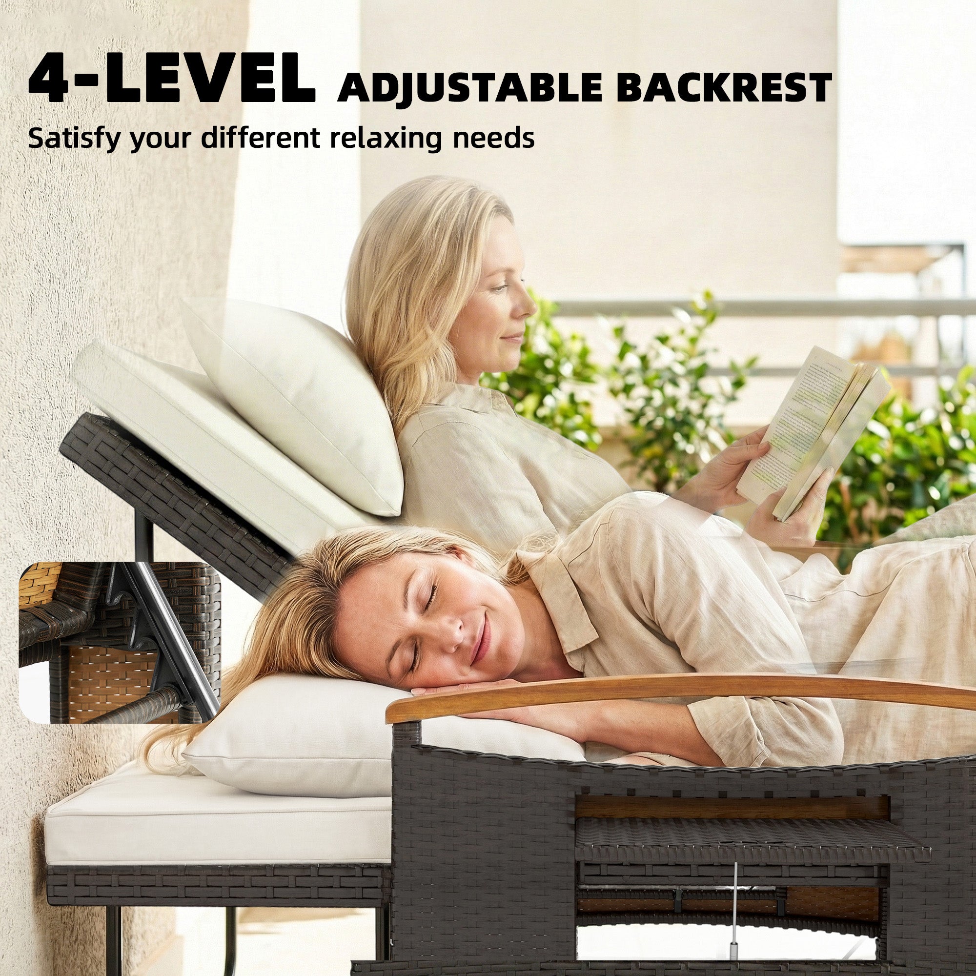 Rattan Outdoor Daybed w/4-Level Adjustable Backrest, Patio Sofa Bed w/Storage Ottoman, Acacia Wood Armrest