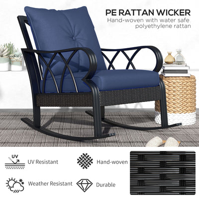 2 Piece Outdoor Wicker Rocking Chairs Rattan Porch Rockers with Cushions, Aluminum Frame for Garden, Patio, Blue