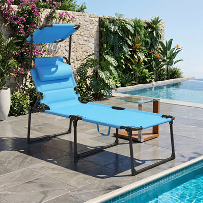 Outdoor Lounge Chair, 4 Position Adjustable Backrest, Folding, Cushioned w/ Sun Shade Roof & Pillow
