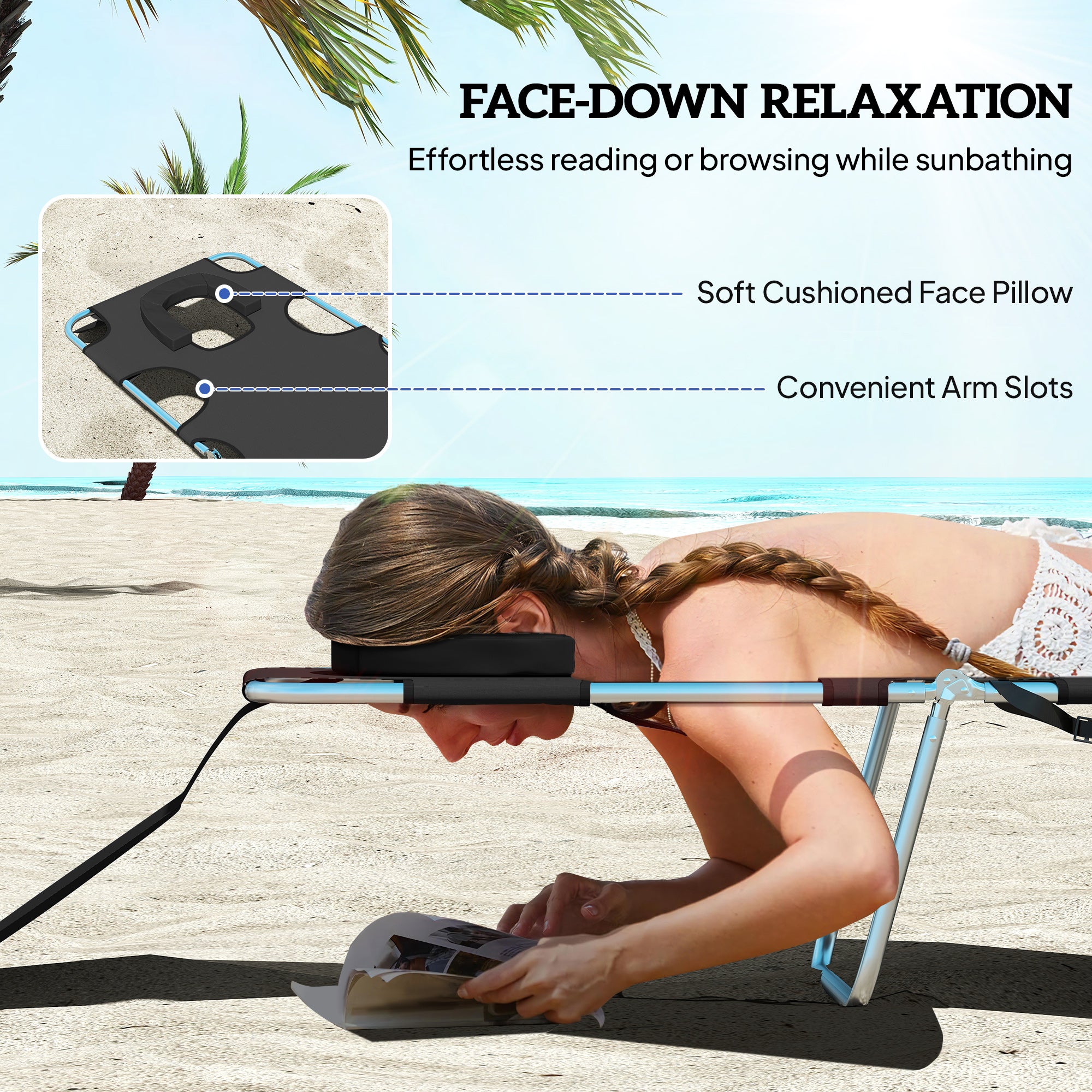 Tanning Chair with Face Hole, 5-Level Adjustable Outdoor Chaise Lounge Chair with Pillow for Beach, Pool