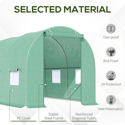 15' x 7' x 7' Walk-in Tunnel Hoop Greenhouse, Green House for Outside with PE Cover, Steel Frame, Roll-Up Zipper Door & Windows for Flowers, Vegetables, Tropical Plants, Green