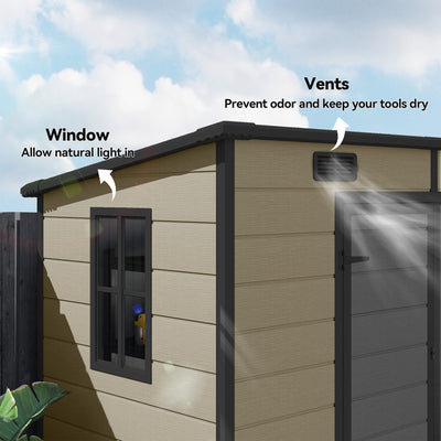 8' x 4' Plastic Outdoor Storage Shed with Floor, Window, Lockable Doors and Vents for Backyard Patio Lawn