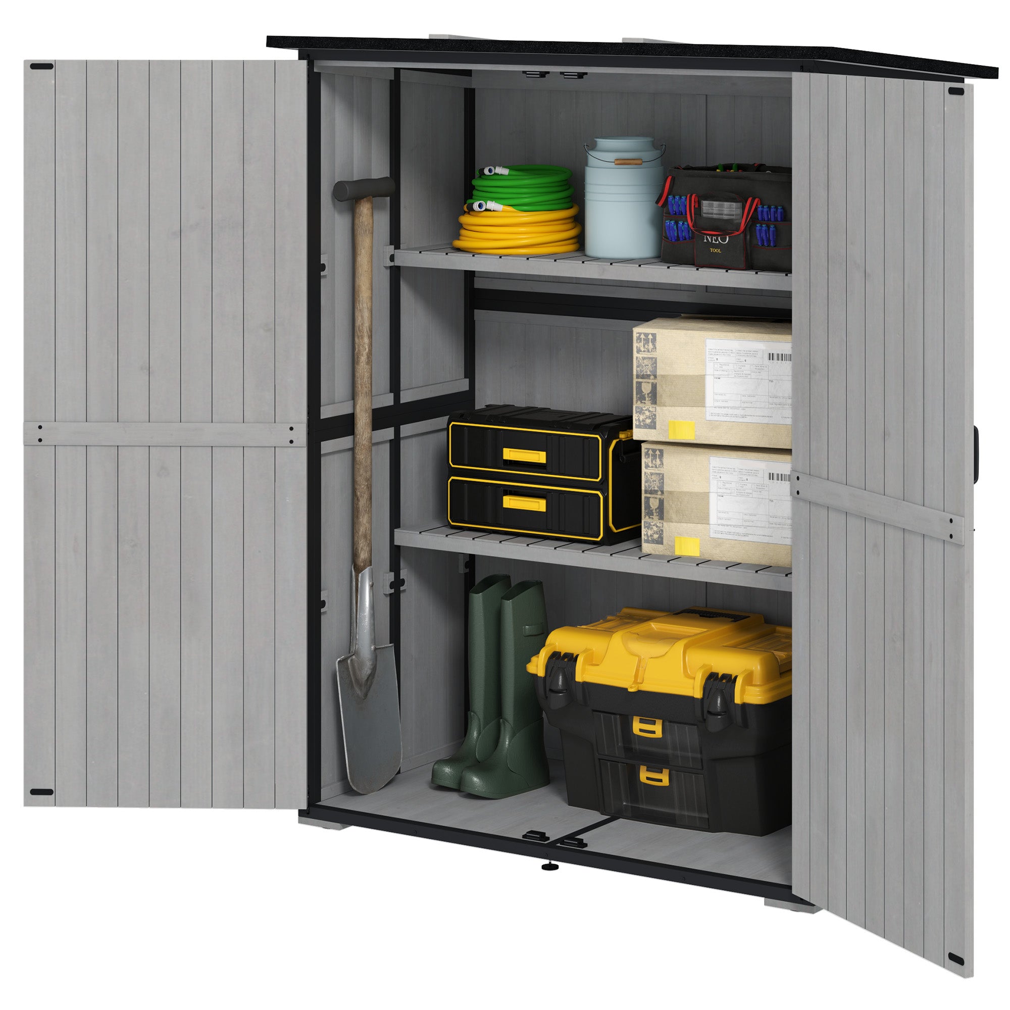 Wood Storage Shed, Outdoor Garden Shed with Asphalt Roof, 2 Shelves, Lockable Doors and Adjustable Feet