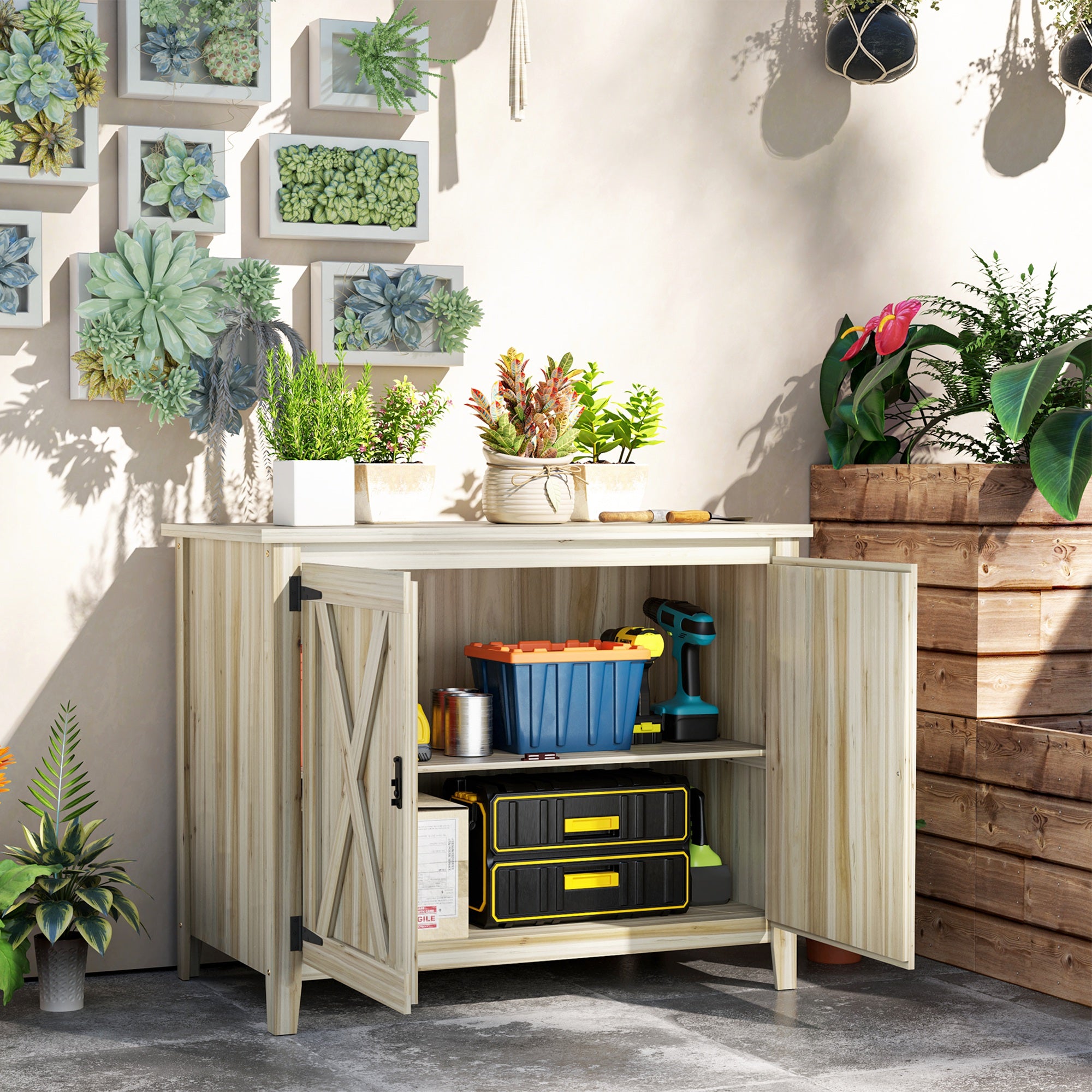 Wooden Outdoor Storage Cabinet, Garden Shed Potting Shed with Shelf and Double Doors