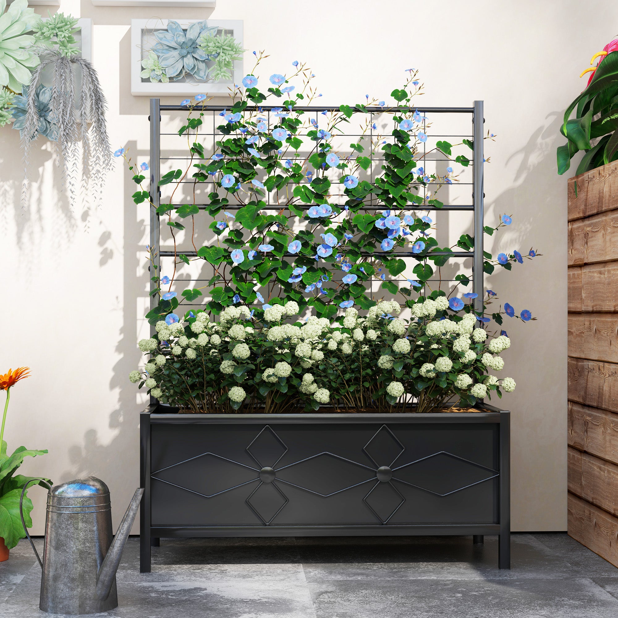 Outdoor Planter Box Galvanized Raised Garden Bed with Trellis for Climbing Vines, 35.4" x 15.7" x 47.2"
