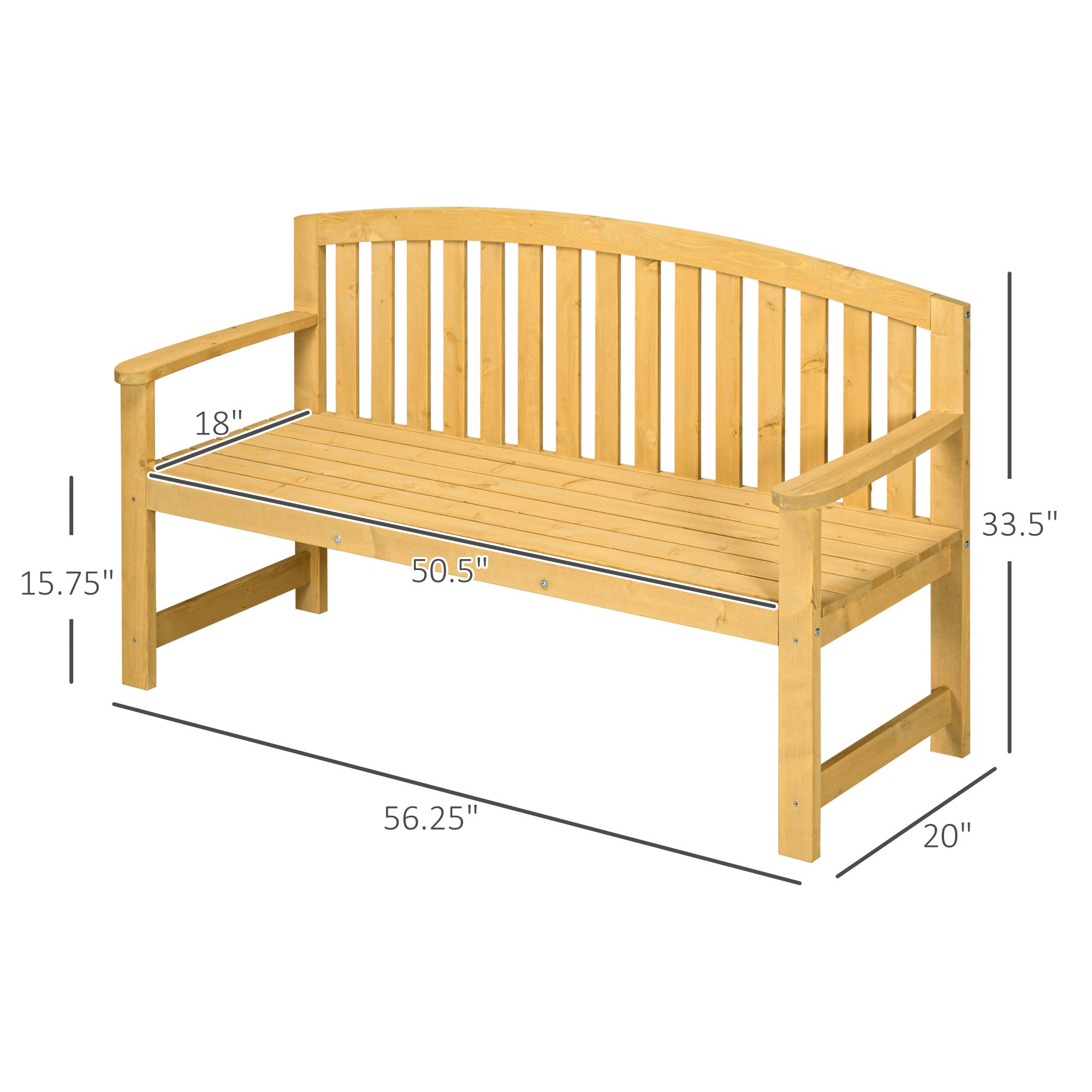 56" Outdoor Wood Bench, 2-Seater Garden Bench with Backrest and Armrest, Patio Bench for Patio, Porch, Poolside, Balcony, Natural