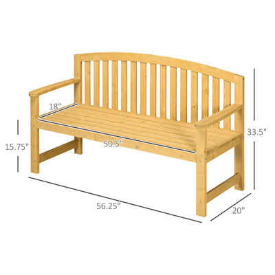 56" Outdoor Wood Bench, 2-Seater Garden Bench with Backrest and Armrest, Patio Bench for Patio, Porch, Poolside, Balcony, Natural