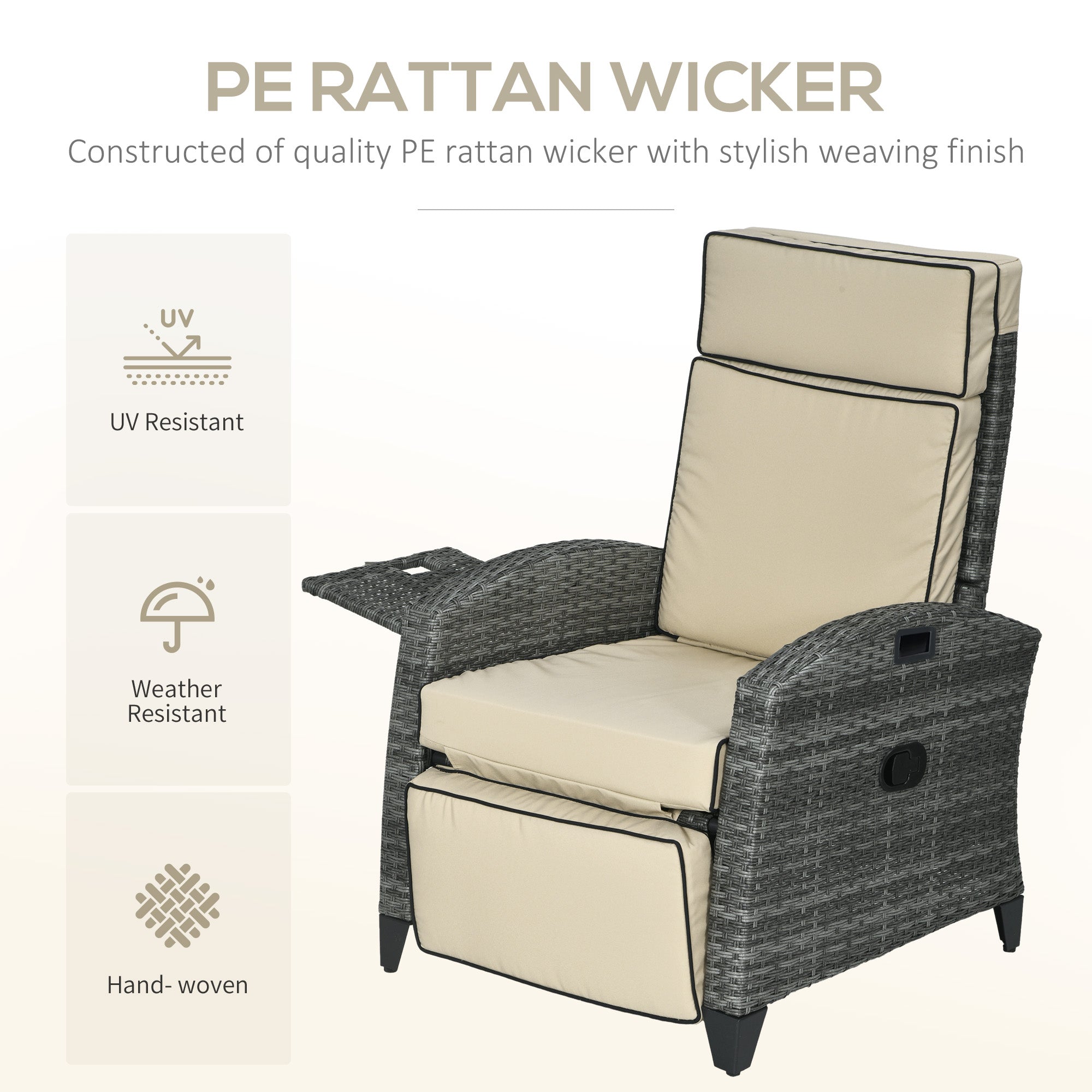 Outdoor Recliner Chair with Cushions, Reclining Patio Lounge Chair with Adjustable Footrest, Armrests, Tray Table