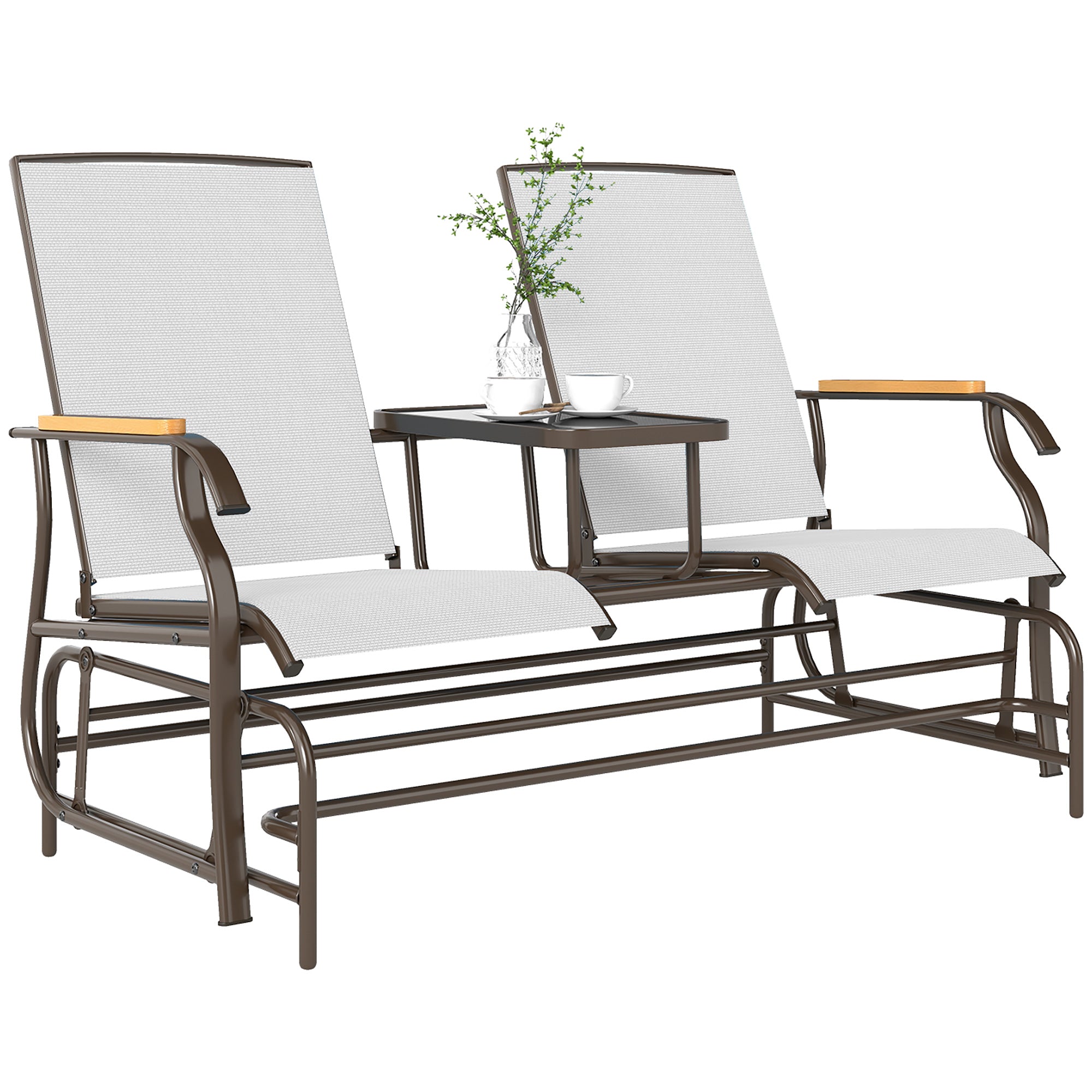 Outdoor 2-Person Glider Bench, Outside Glider Swing Chair Loveseat with Table, Steel Frame
