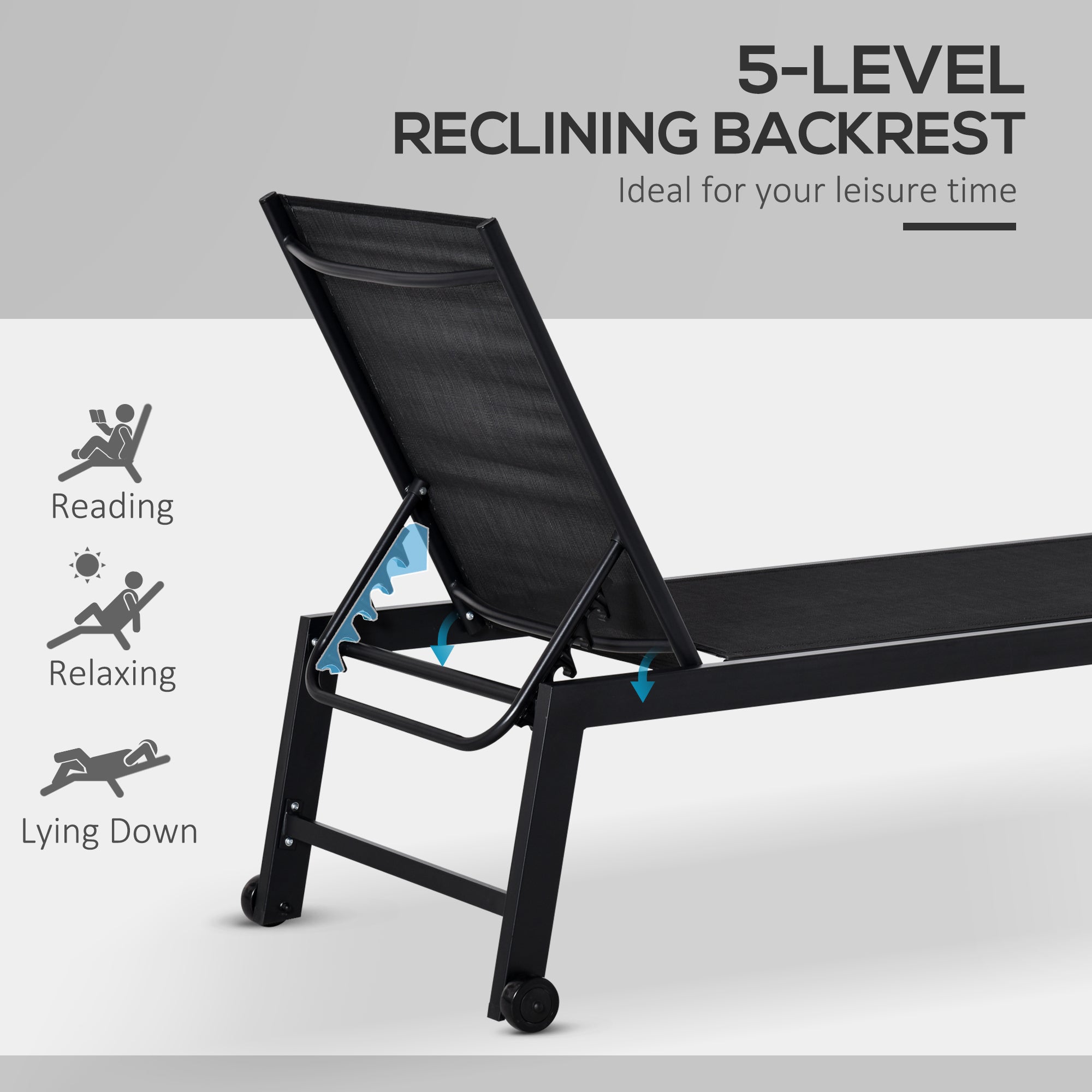 Outdoor Chaise Lounge with Wheels, Five Position Recliner for Sunbathing, Suntanning, Steel Frame, Breathable Fabric for Beach, Yard, Patio