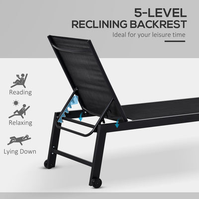Outdoor Chaise Lounge with Wheels, Five Position Recliner for Sunbathing, Suntanning, Steel Frame, Breathable Fabric for Beach, Yard, Patio