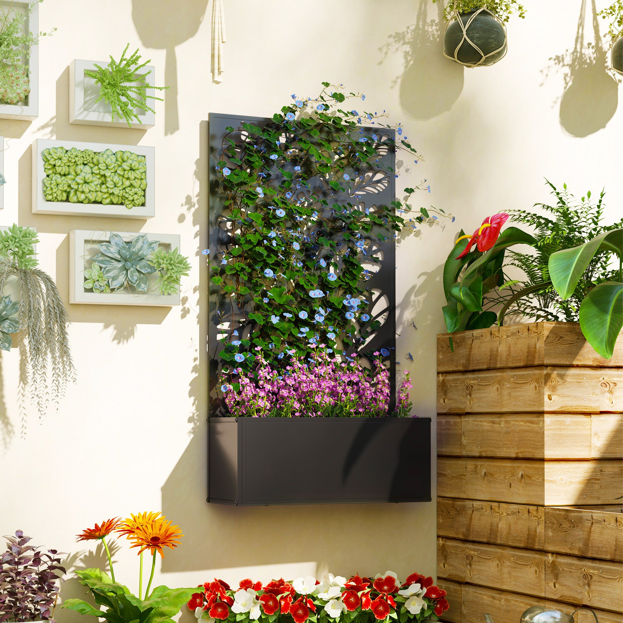 Metal Garden Bed with Trellis for Climbing Plants, Freestanding or Wall Mounted Flower Bed for Garden, Patio, Balcony