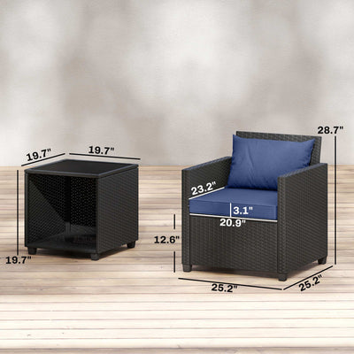 3 Piece Patio Bistro Set, Wicker Furniture Set with Thick Cushions, Glass Coffee Table and Chairs for Garden