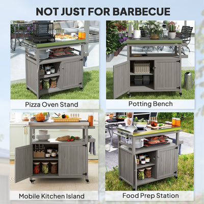 Outdoor Grill Cart w/ Stainless Steel Top, Solid Wood Outdoor Kitchen Island w/ Wheels, Storage Cabinets