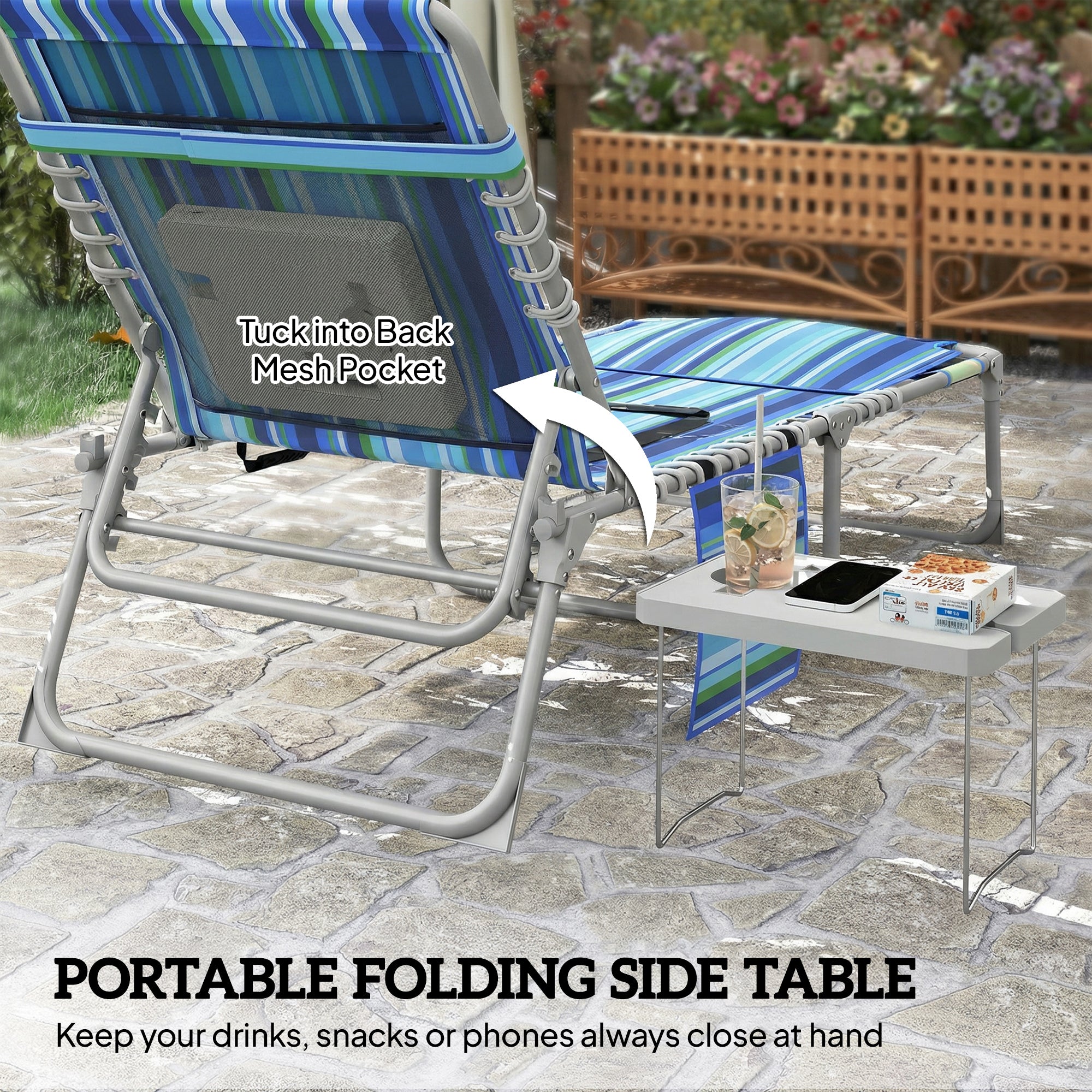 Tanning Chair Set of 2 with Face Hole and Side Table, 5-Position Folding Outdoor Chaise Lounge Chair