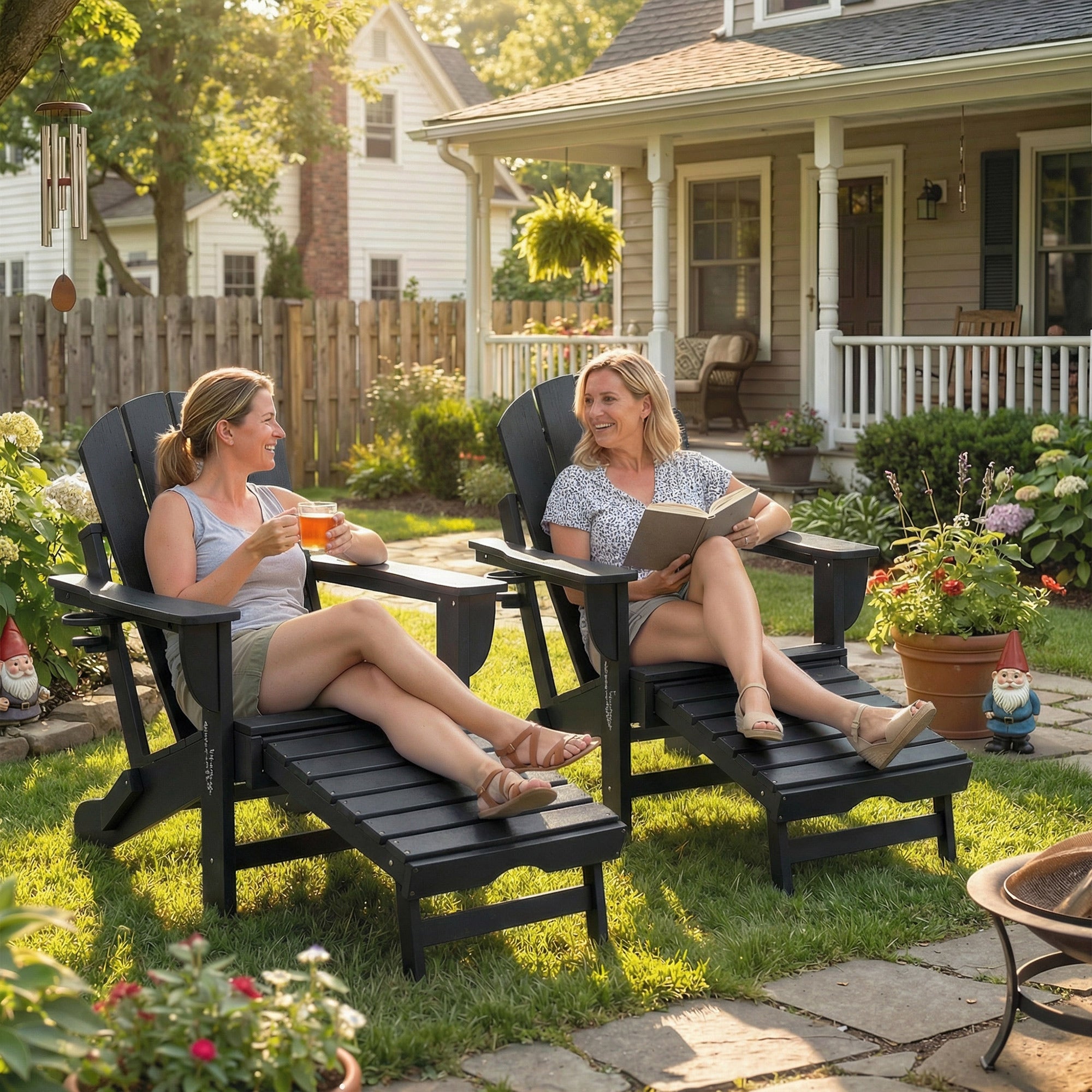 Folding Adirondack Chair Set of 2, HDPE Fire Pit Chair with Retractable Ottoman and Cup Holder