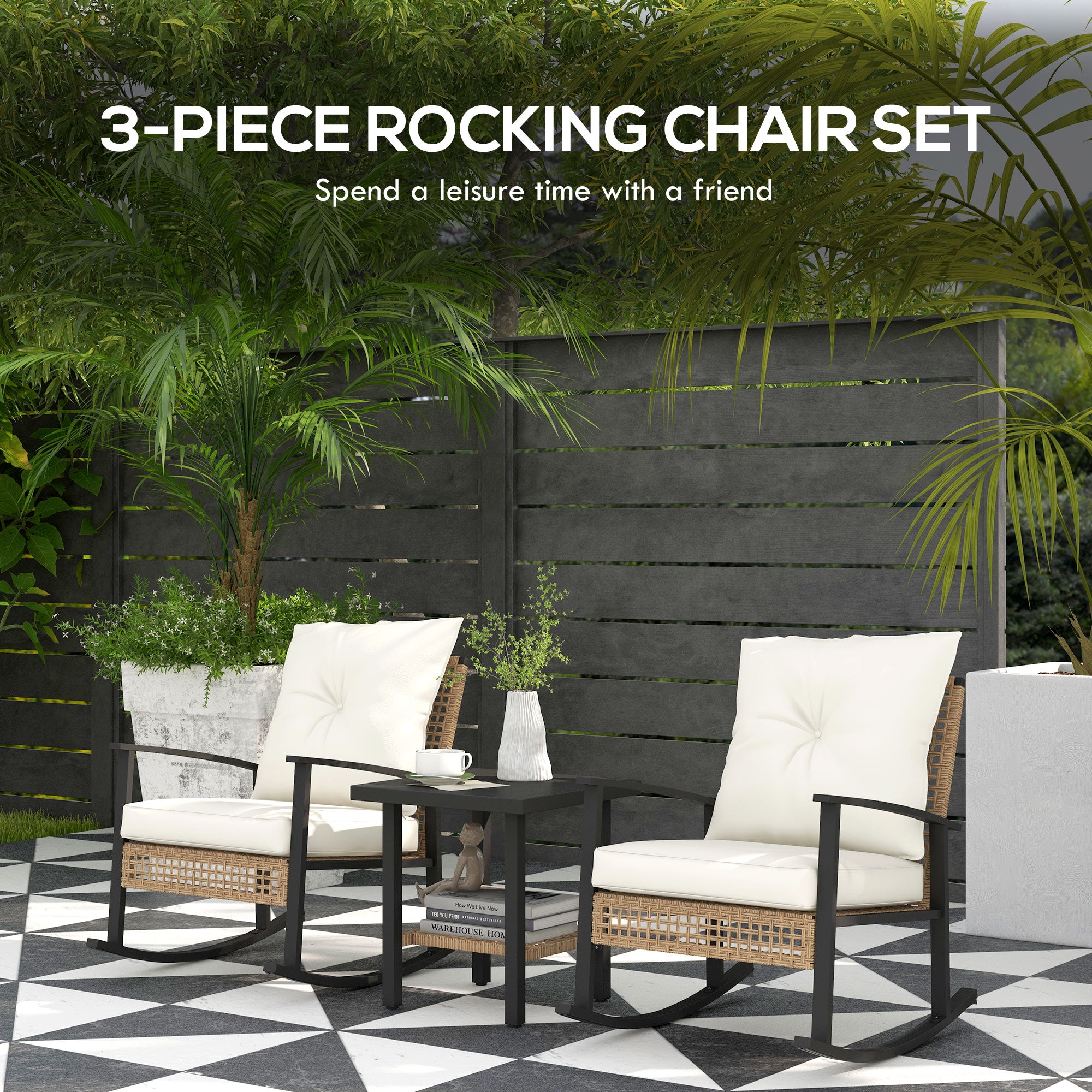 3 Pieces Bistro Set, Patio Wicker Furniture Set with Button Tufted Cushions, Rattan Rocking Chairs, Coffee Table