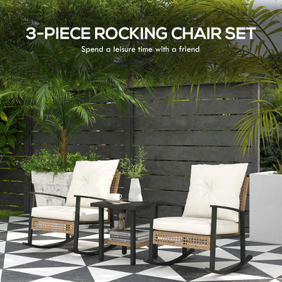 3 Pieces Bistro Set, Patio Wicker Furniture Set with Button Tufted Cushions, Rattan Rocking Chairs, Coffee Table