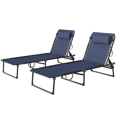 2 Folding Chaise Lounge Pool Chairs with 4-Position Reclining Back, Pillow, Breathable Mesh & Bungee Seat