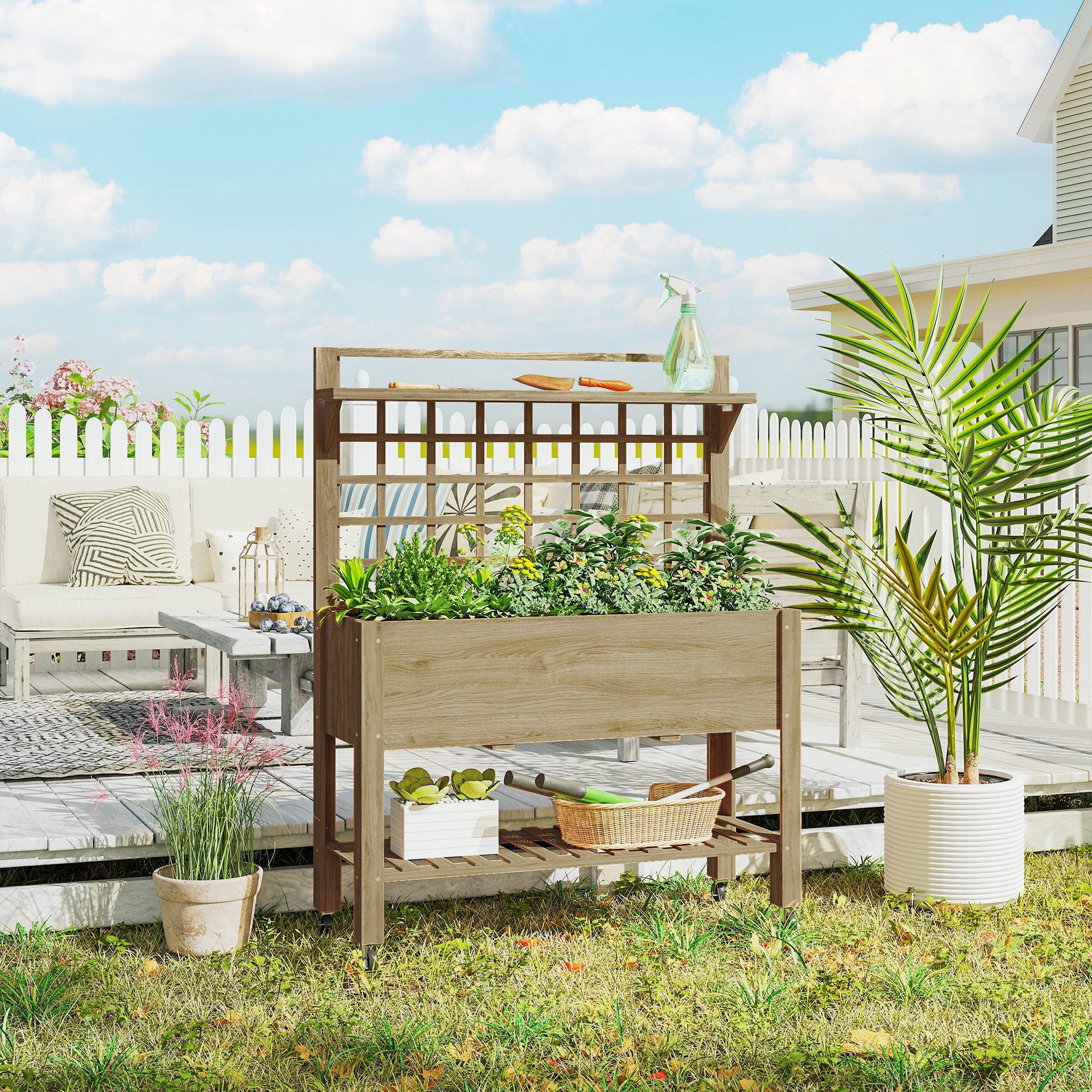 41" Raised Garden Bed Mobile Elevated Wooden Planter Box Stand with Wheels, Trellis and Storage Shelf