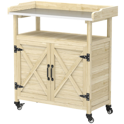 Outdoor Wooden Potting Bench with Storage Cabinet, Aluminum Tabletop, Rubber Wheels for Backyard, Patio, Balcony