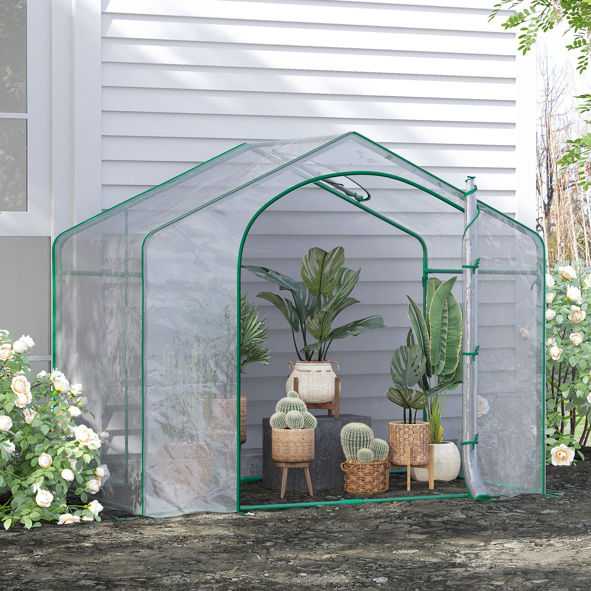 6' x 3' x 5' Portable Walk-in Greenhouse, Plastic Cover, Steel Frame Garden Hot House, Zipper Door, Top Vent for Flowers, Vegetables, Saplings, Tropical Plants, Clear