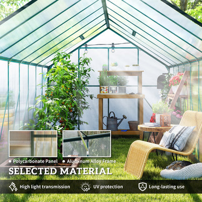 20' x 8' Aluminum Greenhouse Polycarbonate Walk-in Garden Greenhouse Kit with Adjustable Roof Vent, Rain Gutter and Sliding Door for Winter, Clear