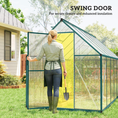 Polycarbonate Greenhouse with Swing Door and Two Adjustable Roof Vents, Aluminum Walk-in Greenhouse, 11x6 ft
