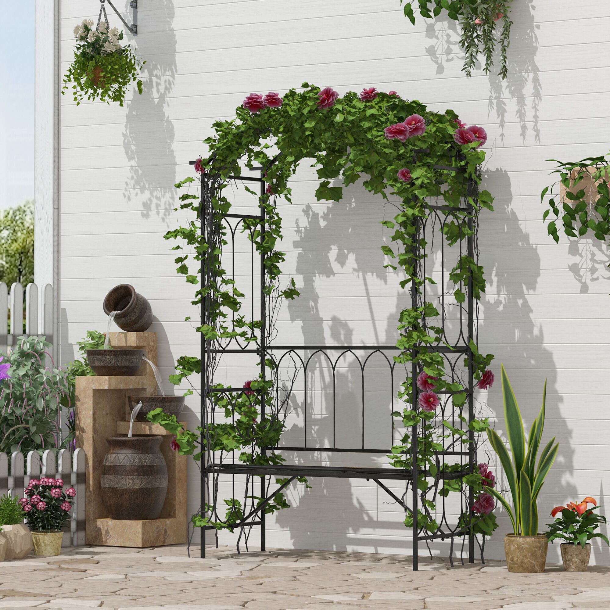 Metal Trellis Arbor Arch for Climbing Plants with Garden Bench, Grow Grapes and Vines, Decorative Seating,  Black