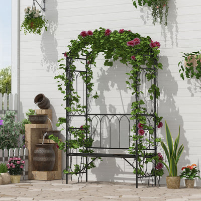 Metal Trellis Arbor Arch for Climbing Plants with Garden Bench, Grow Grapes and Vines, Decorative Seating,  Black