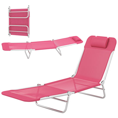 Folding Chaise Lounge Chair, Portable Tanning Chair with Adjustable Backrest, Pillow for Beach Poolside Patio