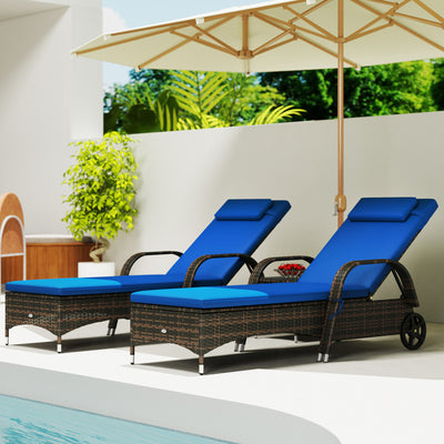 Patio Wicker Chaise Lounge Chair Set of 2 with Table, Adjustable Backrest, Wheels, Cushion & Headrest, Blue