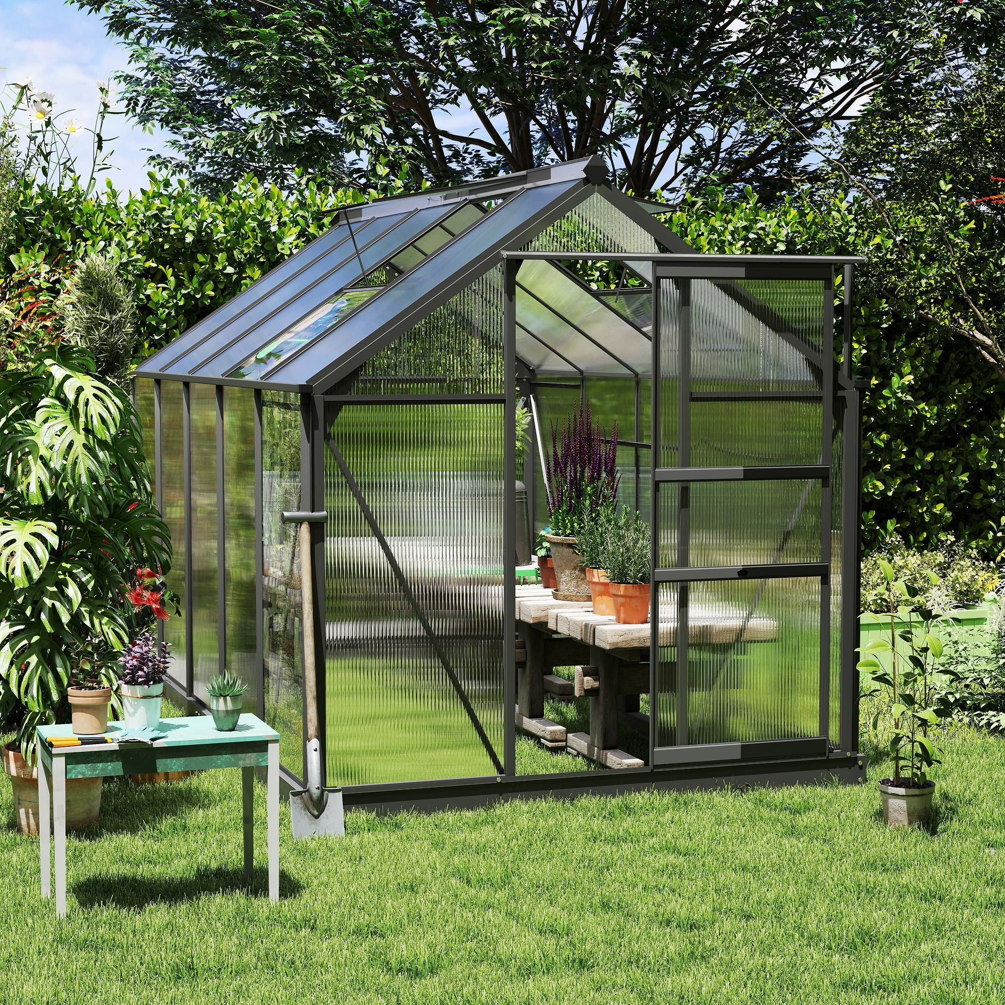Greenhouse for Outdoors, Polycarbonate Greenhouse with Rain Gutter and Roof Vent, Aluminum Walk-in Green House for Patio Backyard Garden