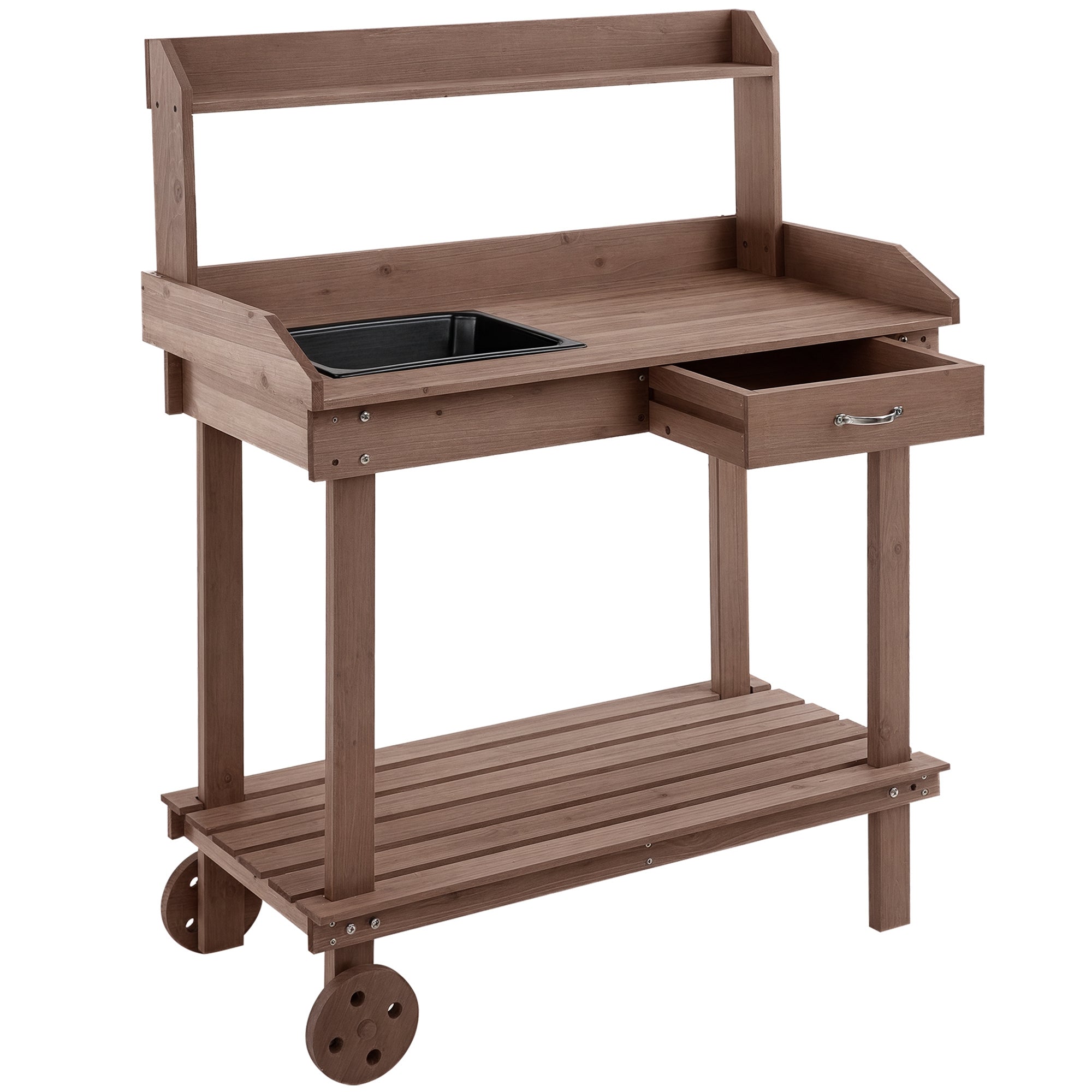 36'' Wooden Potting Bench Work Table with 2 Removable Wheels, Sink, Drawer & Large Storage Spaces