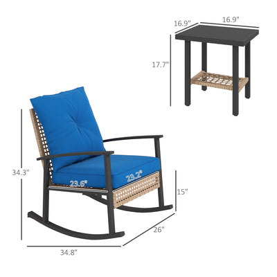 3 Pieces Bistro Set, Patio Wicker Furniture Set with Button Tufted Cushions, Rattan Rocking Chairs, Coffee Table