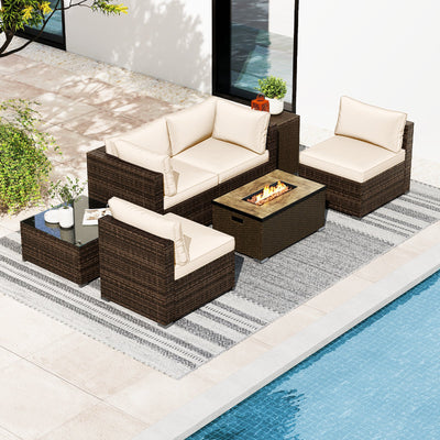 7 Pieces Outdoor Furniture Set with 32 Inch Fire Pit Table and Propane Tank Cover
